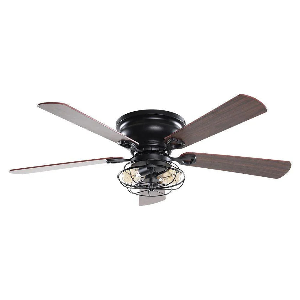 Black flush-mount ceiling fan with five dark wood blades and glass-and-metal light
