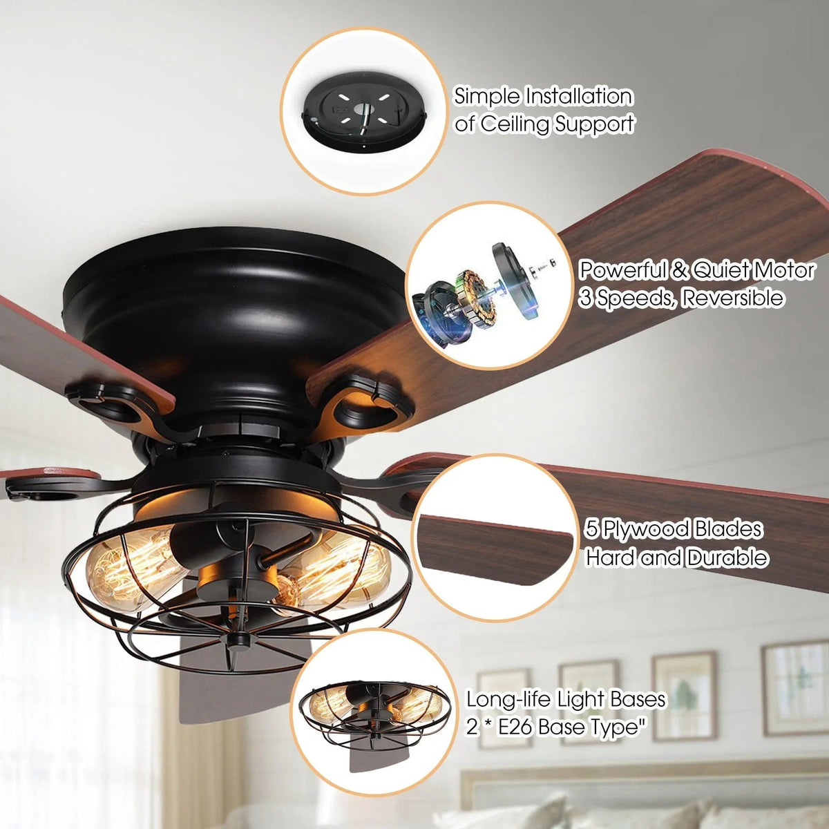Black flush-mount ceiling fan with dark wood blades and an enclosed light base