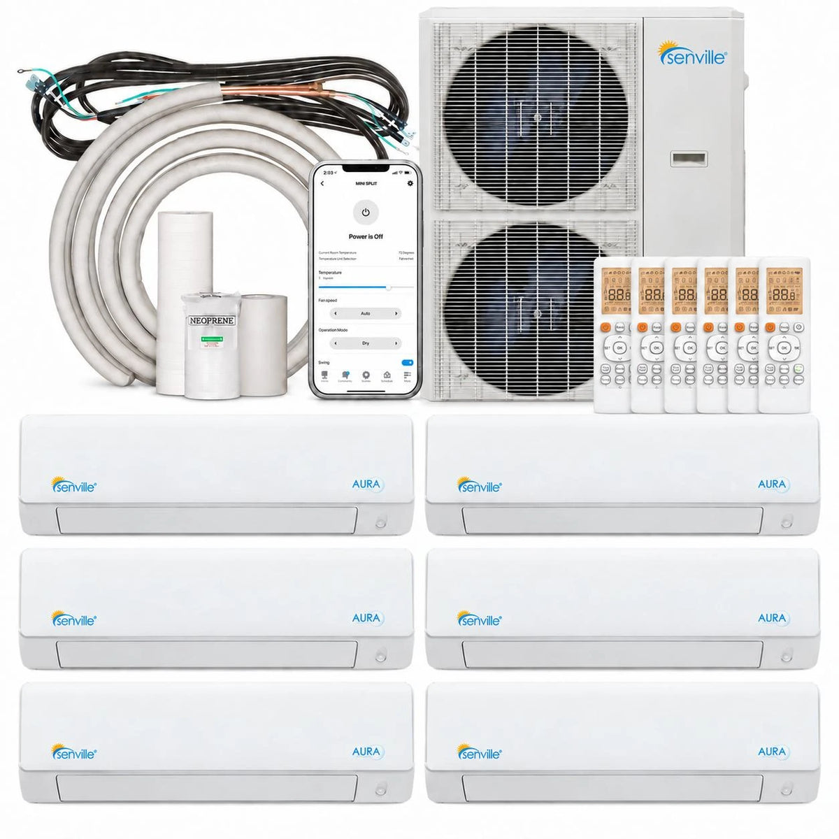 Senville Mini Split - 6-Zone 48,000 BTU Ductless Air Conditioner and Heat Pump Condenser with Wall Mount Air Handlers (SENA-48HF-S)