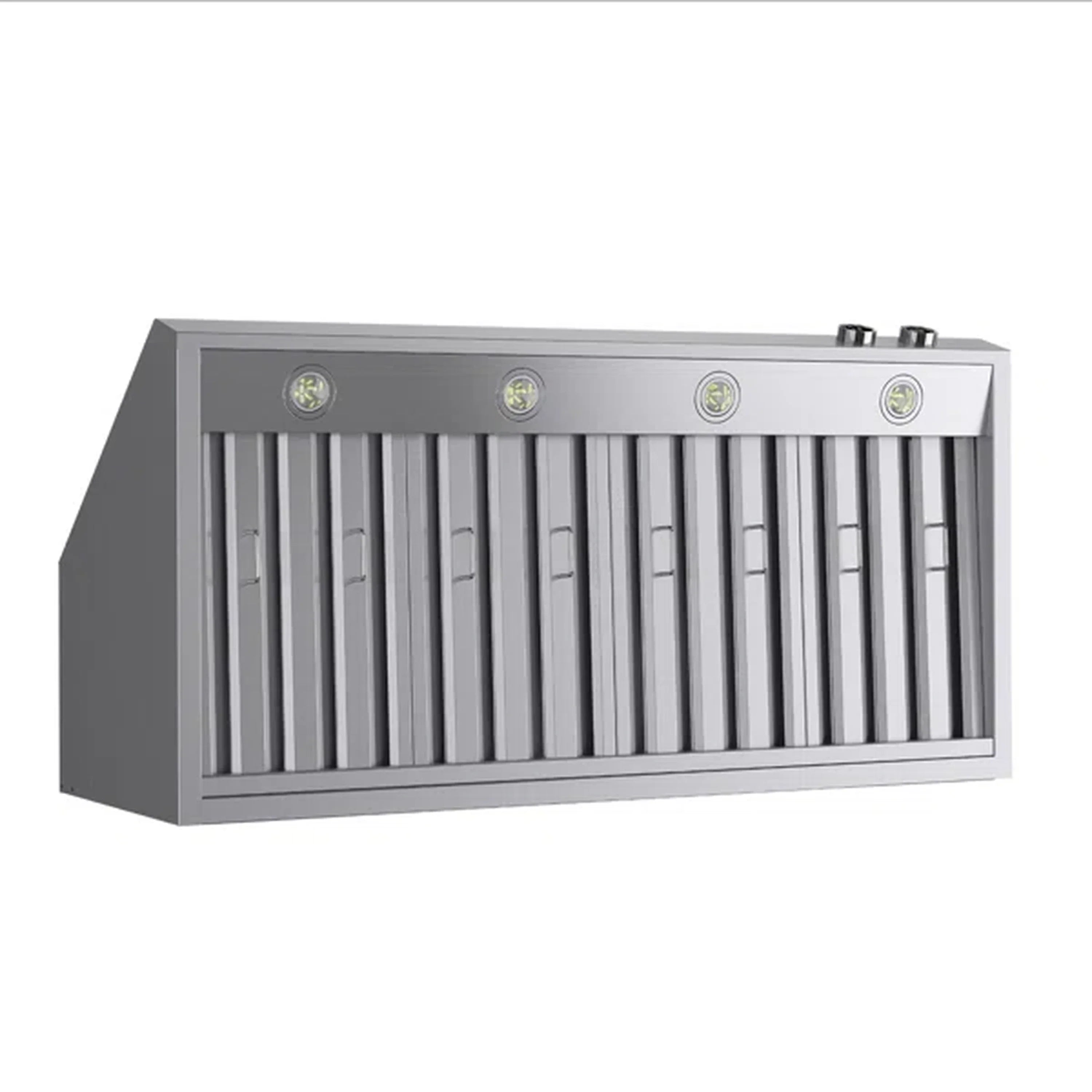 Stainless steel range hood with vertical airflow slats and angled side profile
