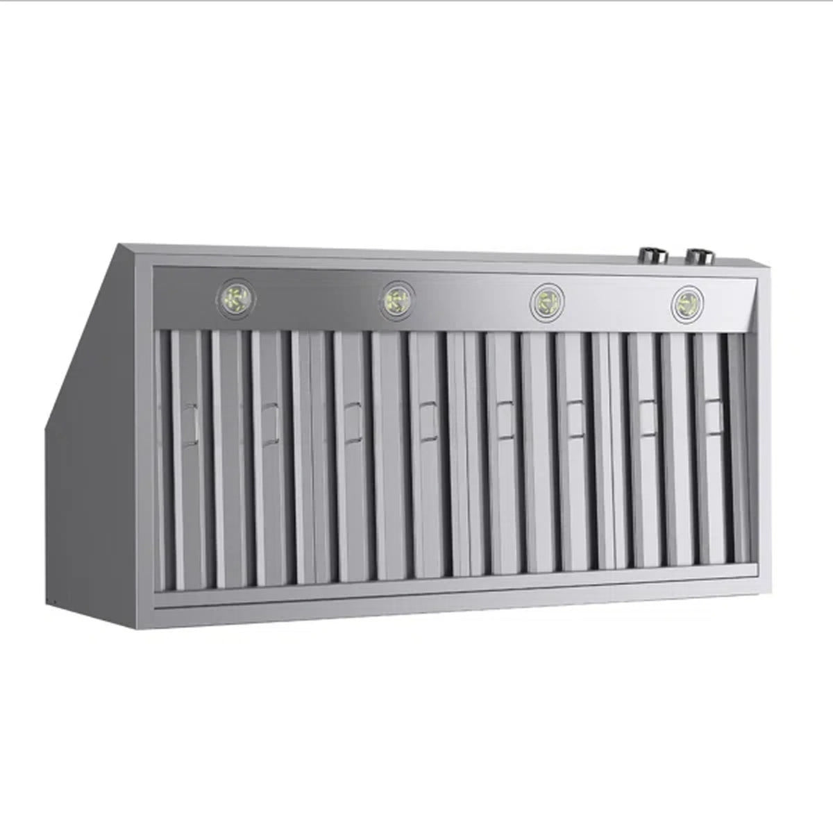 Stainless steel under-cabinet range hood with slotted vent grille and top controls