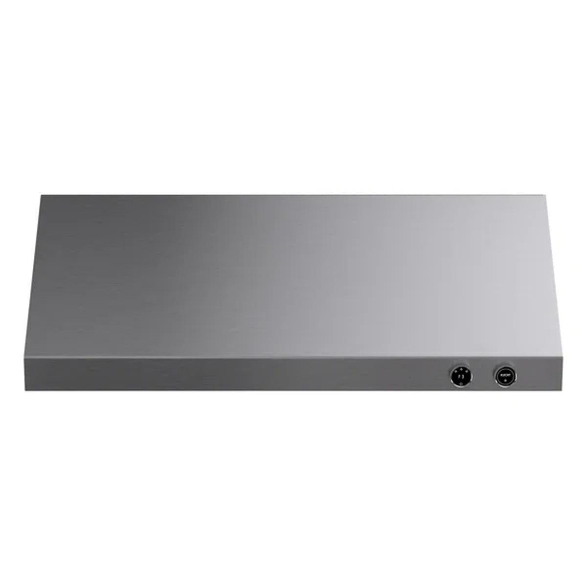 Stainless steel range control panel with two round knobs and indicator lights