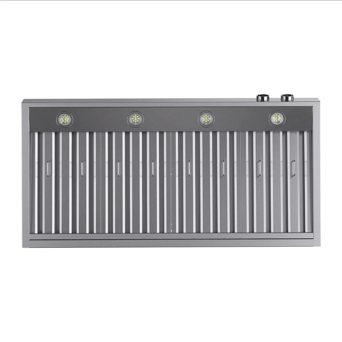 Stainless steel range hood with vent slats and four LED lights
