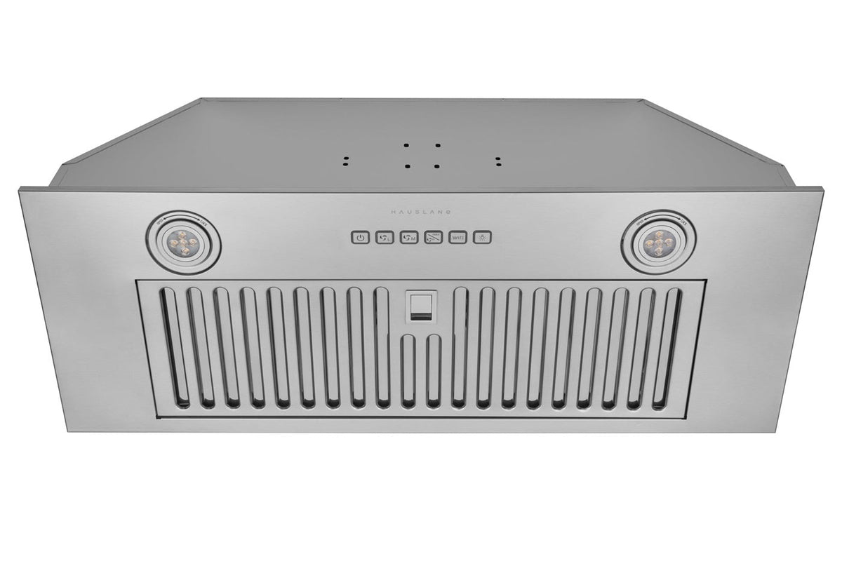 Stainless steel range hood insert with vent grille and front control icons