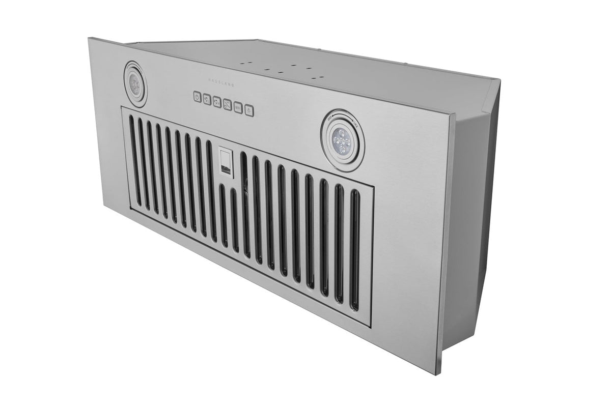Stainless steel recessed range hood insert with side panel and vent grille