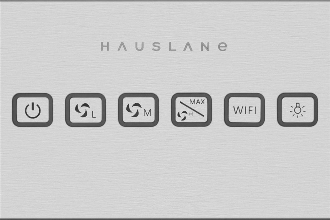 Range hood control panel with power, fan, WiFi, and light icons
