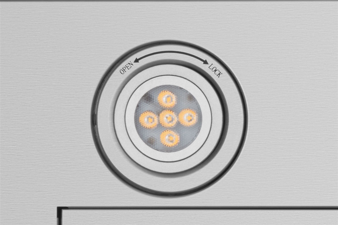 Recessed range hood LED light lens with open and lock markings