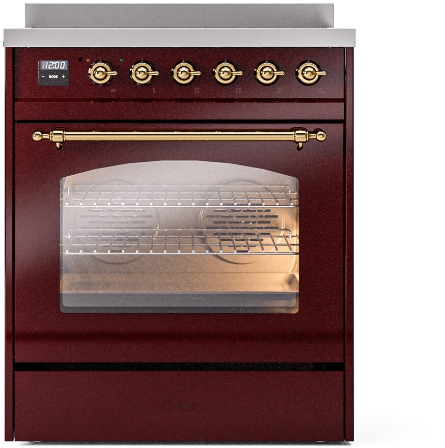 Burgundy electric induction range with brass-trim oven door and clear glass window