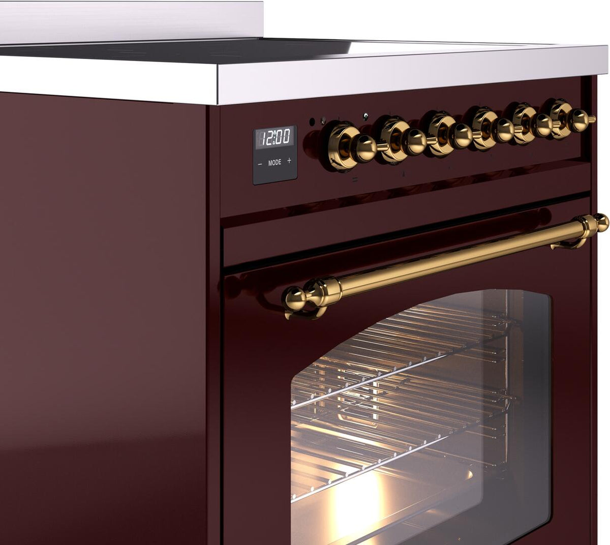 Burgundy electric range control panel with brass knobs and oven door window