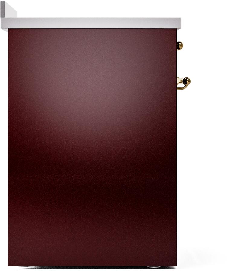 Burgundy rear side of freestanding electric induction range with brass side hardware