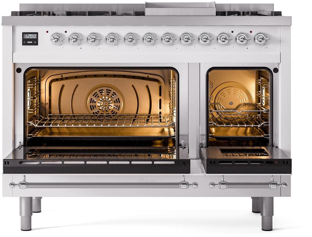 White dual fuel range with both ovens open, showing racks inside and warm oven lighting.