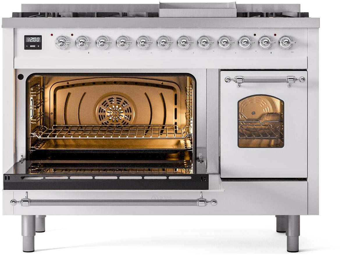 White dual fuel freestanding range with one oven open and other oven window visible.
