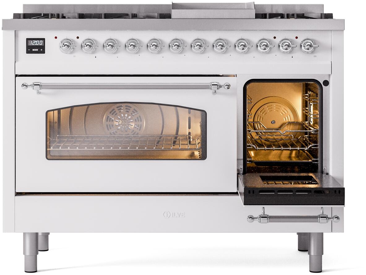 White dual fuel range front view with both ovens open and racks inside under light.