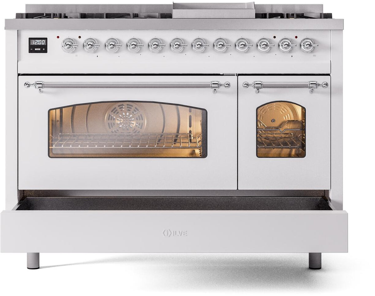 White dual fuel freestanding range with closed oven door and cooktop controls visible.