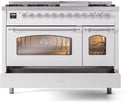 ILVE Nostalgie II 48-Inch Freestanding Natural Gas Dual Fuel Range in White with Chrome Trim (UP48FNMPWHC)