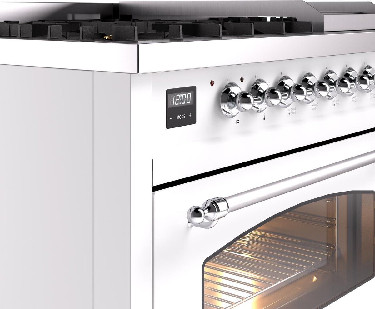 White freestanding dual fuel range with chrome control knobs and digital display