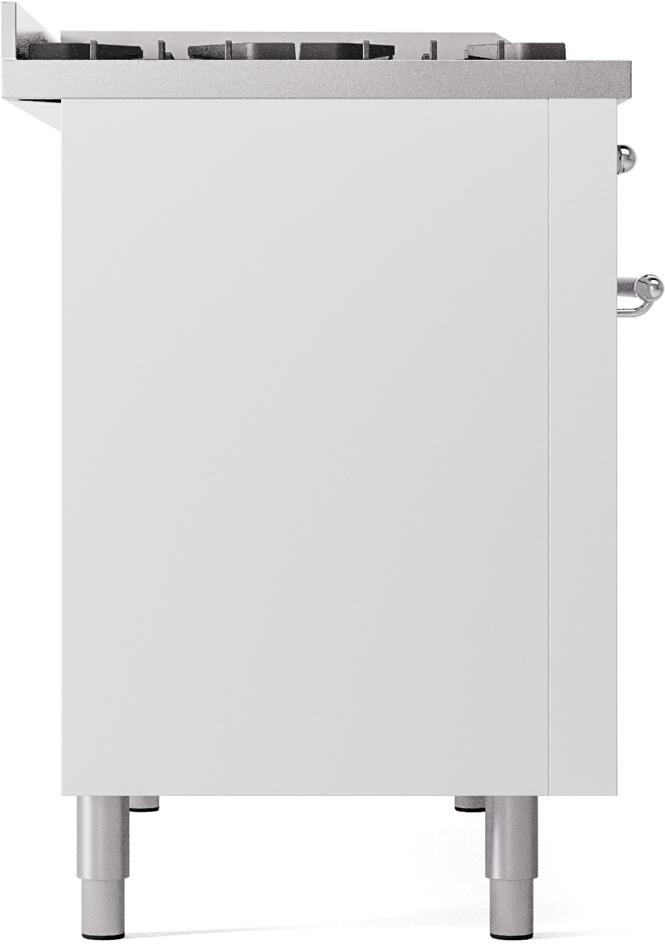 White freestanding dual fuel range side panel with four leveling feet