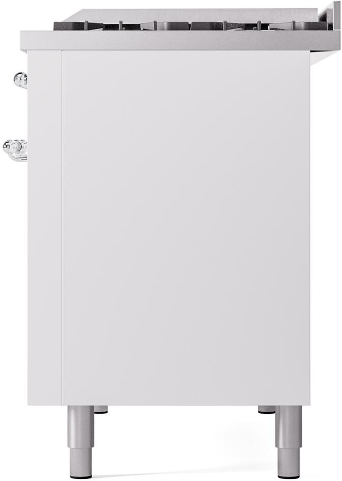 White freestanding dual fuel range front side with leveling feet visible