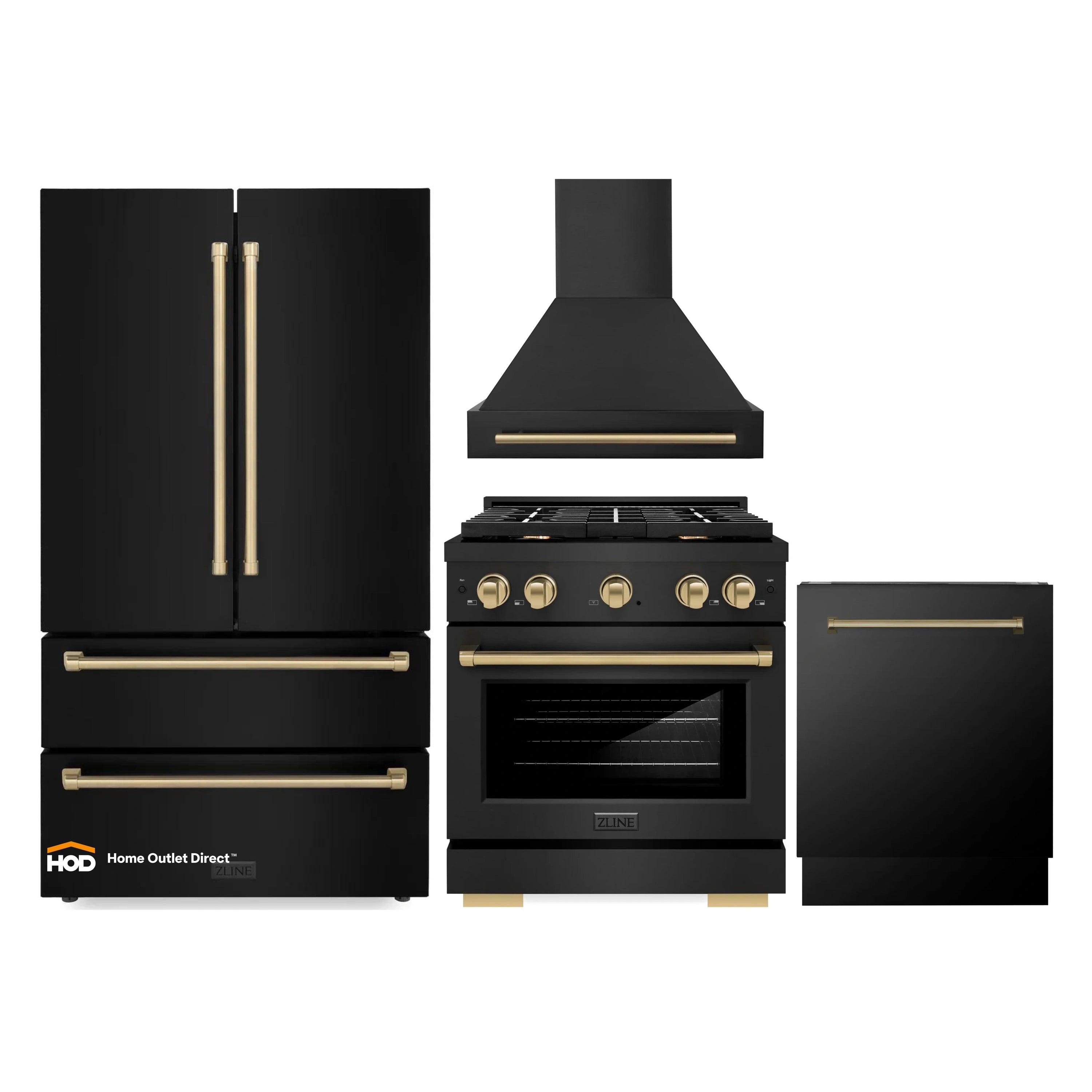 ZLINE black stainless appliance package with champagne bronze trim: range, hood, fridge