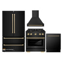 ZLINE Autograph Edition 4-Piece Appliance Package - 30-Inch Gas Range, Refrigerator, Wall Mounted Range Hood, & 24-Inch Tall Tub Dishwasher in Black Stainless Steel with Champagne Bronze Trim (4AKPR-SGRBRHDWV30-CB)