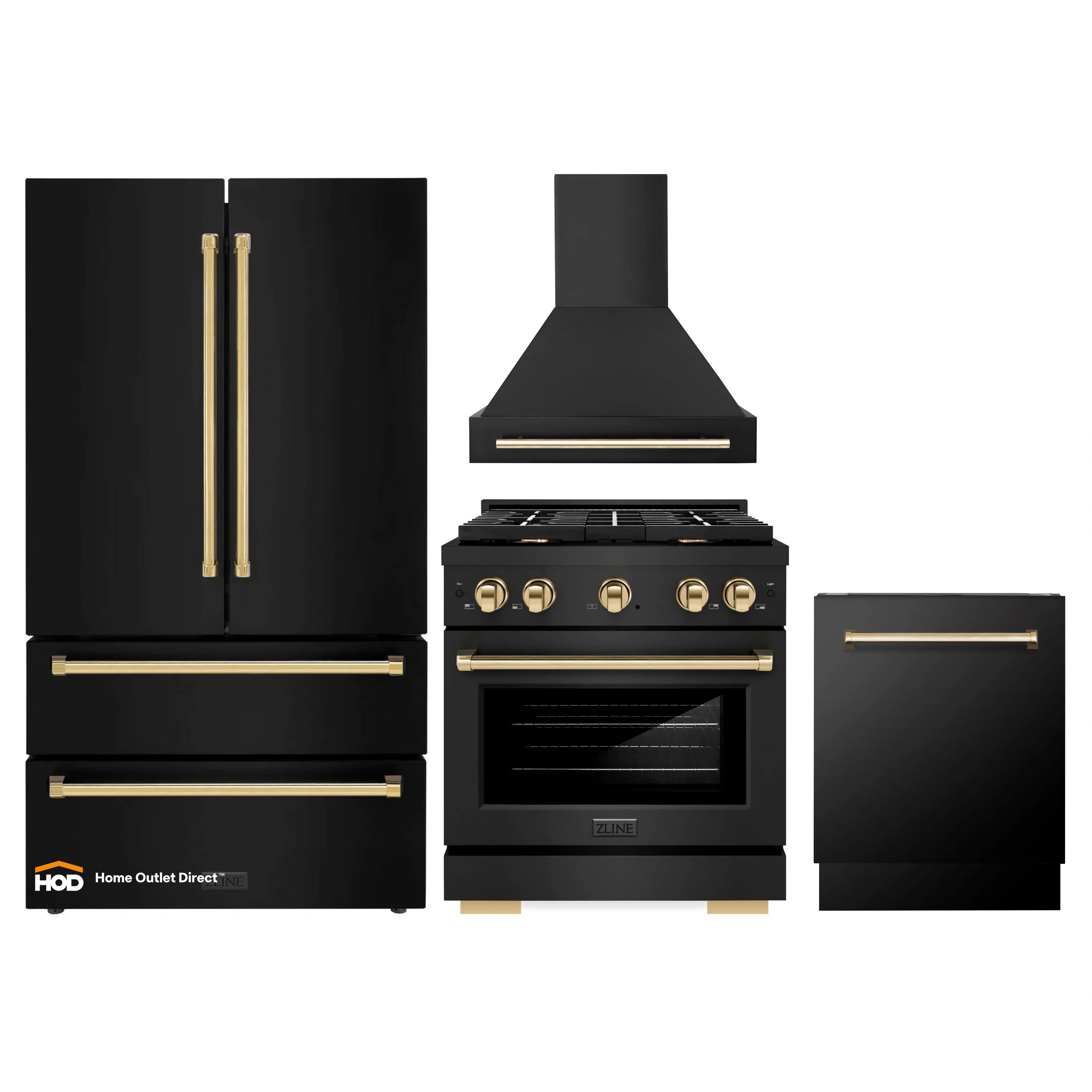 Black appliance bundle with gold trim: range, hood, refrigerator, and dishwasher