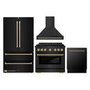 ZLINE Autograph Edition 4-Piece Appliance Package - 36-Inch Gas Range, Refrigerator, Wall Mounted Range Hood, & 24-Inch Tall Tub Dishwasher in Black Stainless Steel with Champagne Bronze Trim (4AKPR-SGRBRHDWV36-CB)