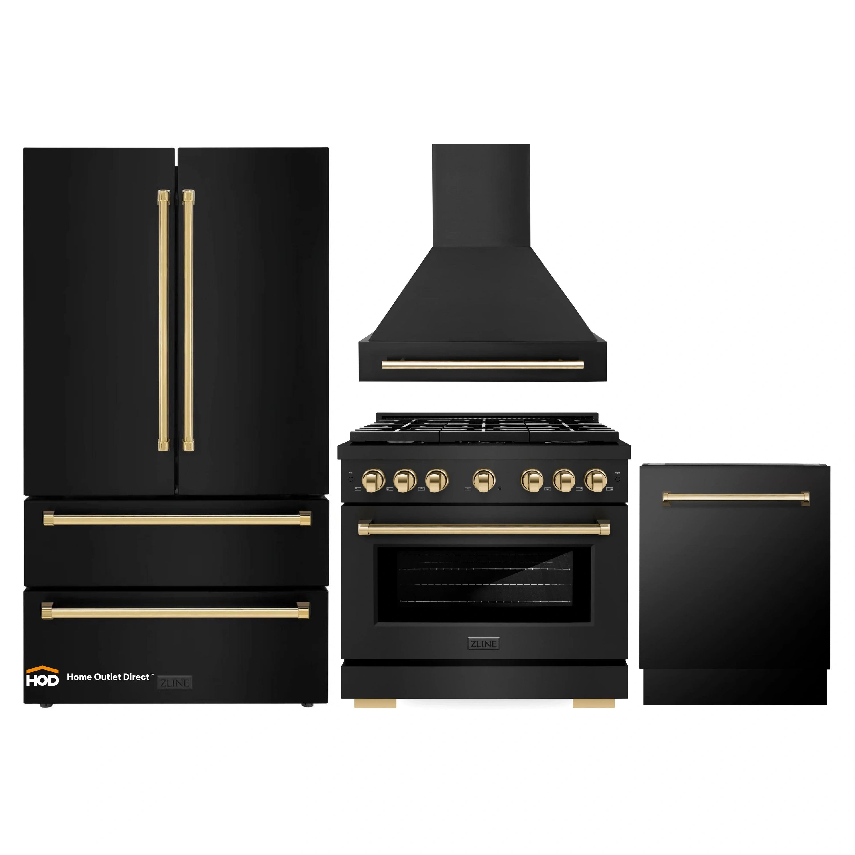 Black stainless appliance bundle with gold-trim range and hood