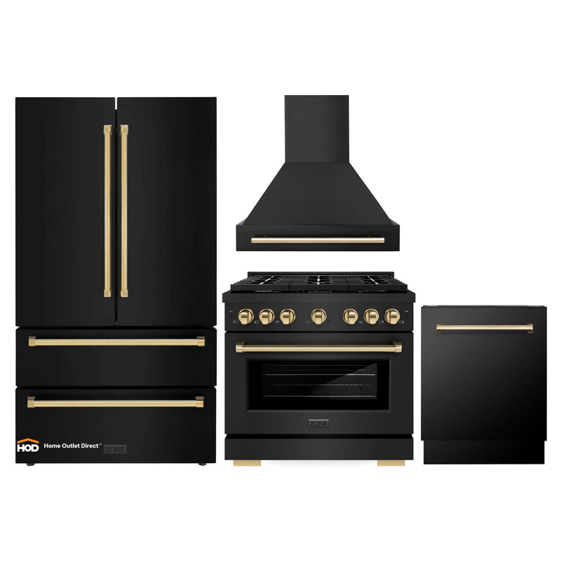 ZLINE Autograph Edition 4-Piece Appliance Package - 36-Inch Gas Range, Refrigerator, Wall Mounted Range Hood, & 24-Inch Tall Tub Dishwasher in Black Stainless Steel with Gold Trim (4AKPR-RGBRHDWV36-G)