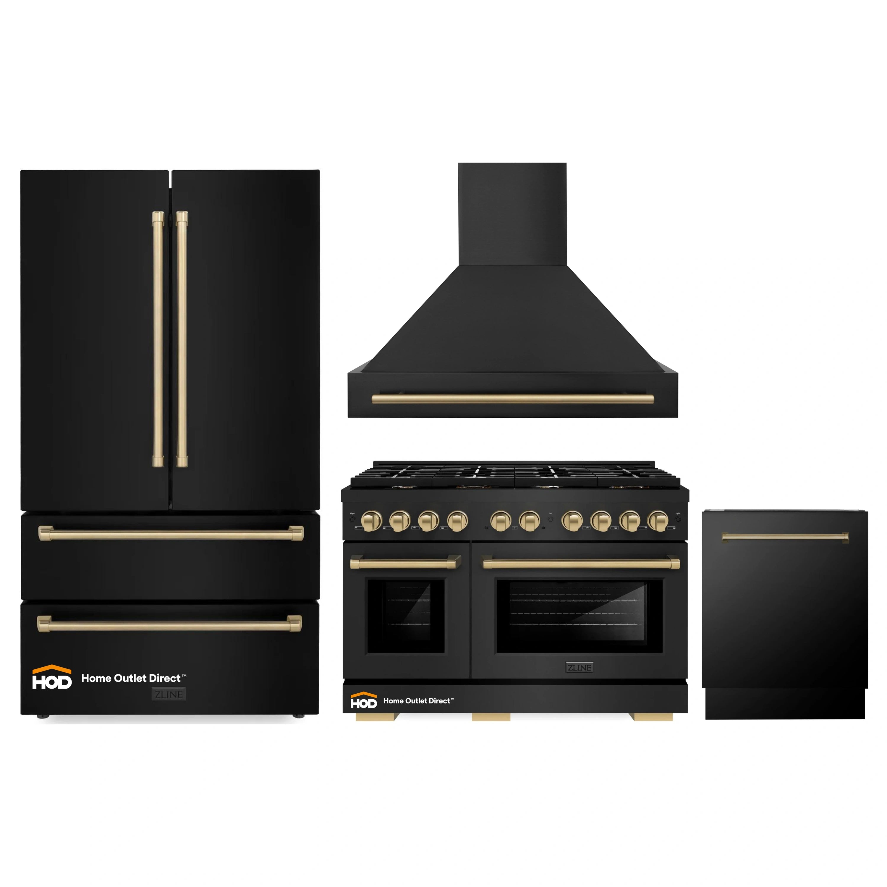 Black stainless steel appliance package with gas range, hood, refrigerator, and dishwasher