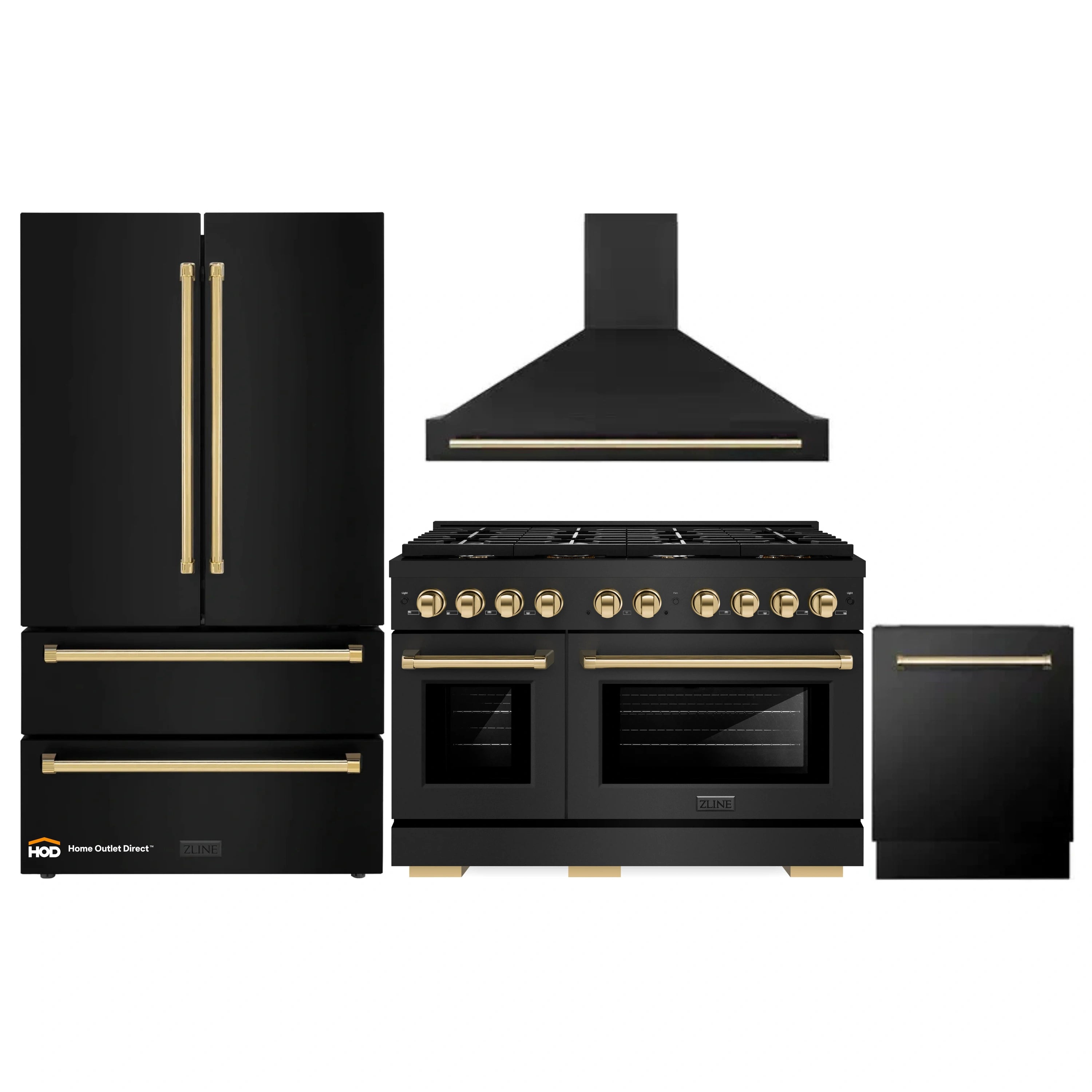 Black stainless 4-piece appliance set with gold trim: range, hood, fridge, dishwasher
