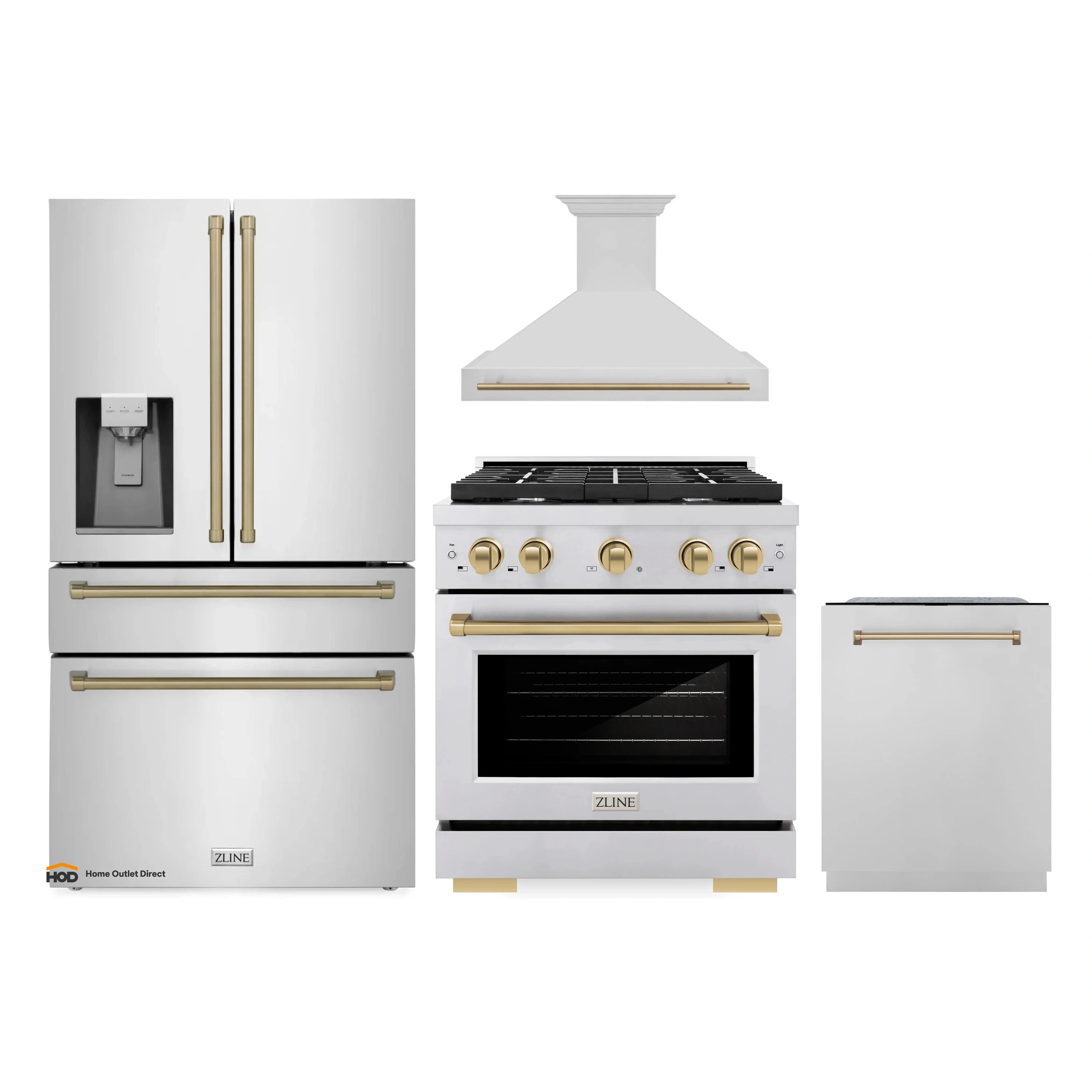 Appliance package featuring gas range with hood, refrigerator, and dishwasher in stainless