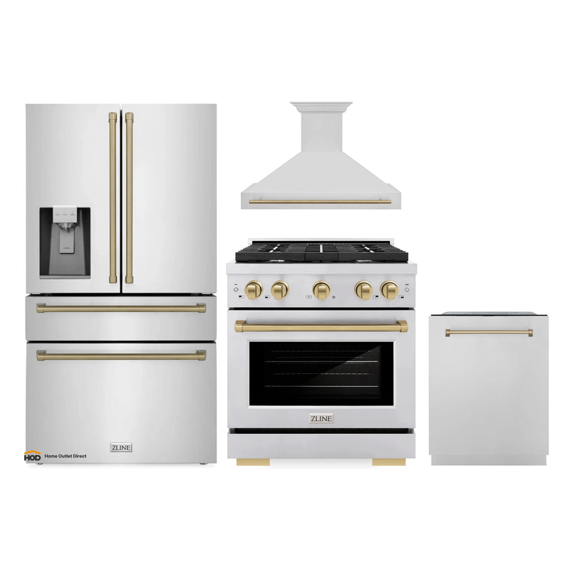 ZLINE Autograph Edition 4-Piece Appliance Package - 30-Inch Gas Range, Refrigerator with Water Dispenser, Wall Mounted Range Hood, & 24-Inch Tall Tub Dishwasher in Stainless Steel with Champagne Bronze Trim (4AKPR-RGRHDWM30-CB)