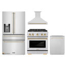 ZLINE Autograph Edition 4-Piece Appliance Package - 30-Inch Gas Range, Refrigerator with Water Dispenser, Wall Mounted Range Hood, & 24-Inch Tall Tub Dishwasher in Stainless Steel with Gold Trim (4AKPR-SGRRHDWM30-G)