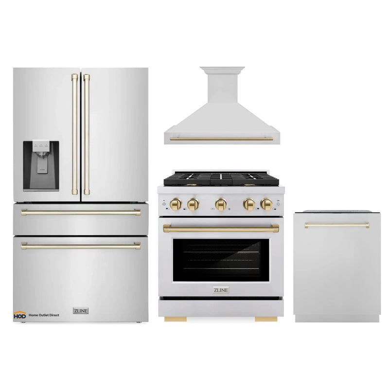 ZLINE Autograph Edition 4-Piece Appliance Package - 30-Inch Gas Range, Refrigerator with Water Dispenser, Wall Mounted Range Hood, & 24-Inch Tall Tub Dishwasher in Stainless Steel with Gold Trim (4AKPR-RGRHDWM30-G)