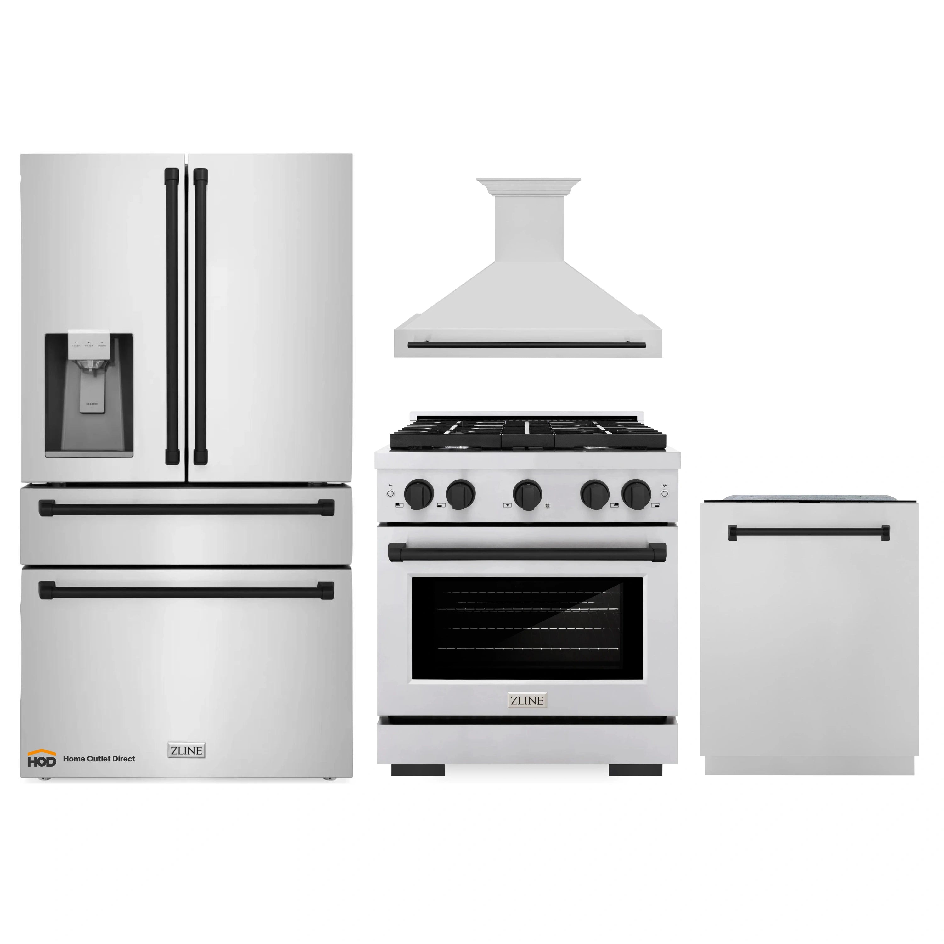 Appliance package featuring gas range, refrigerator with water dispenser, hood, and dishwasher