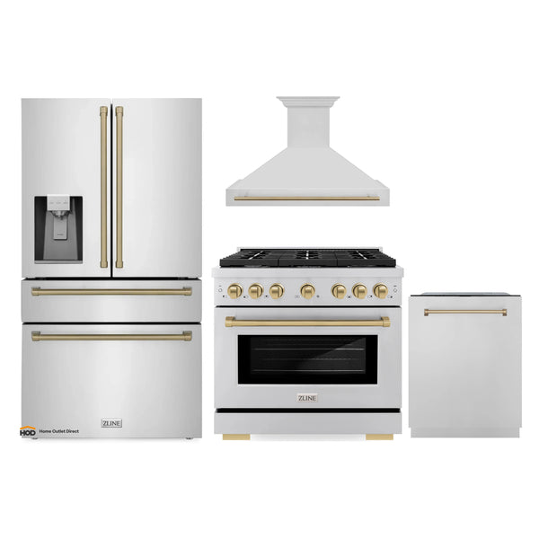 ZLINE Autograph Edition 4-Piece Appliance Package - 36-Inch Gas Range, Refrigerator with Water Dispenser, Wall Mounted Range Hood, and 24-Inch Tall Tub Dishwasher in Stainless Steel with Champagne Bronze Trim (4AKPR-RGRHDWM36-CB)