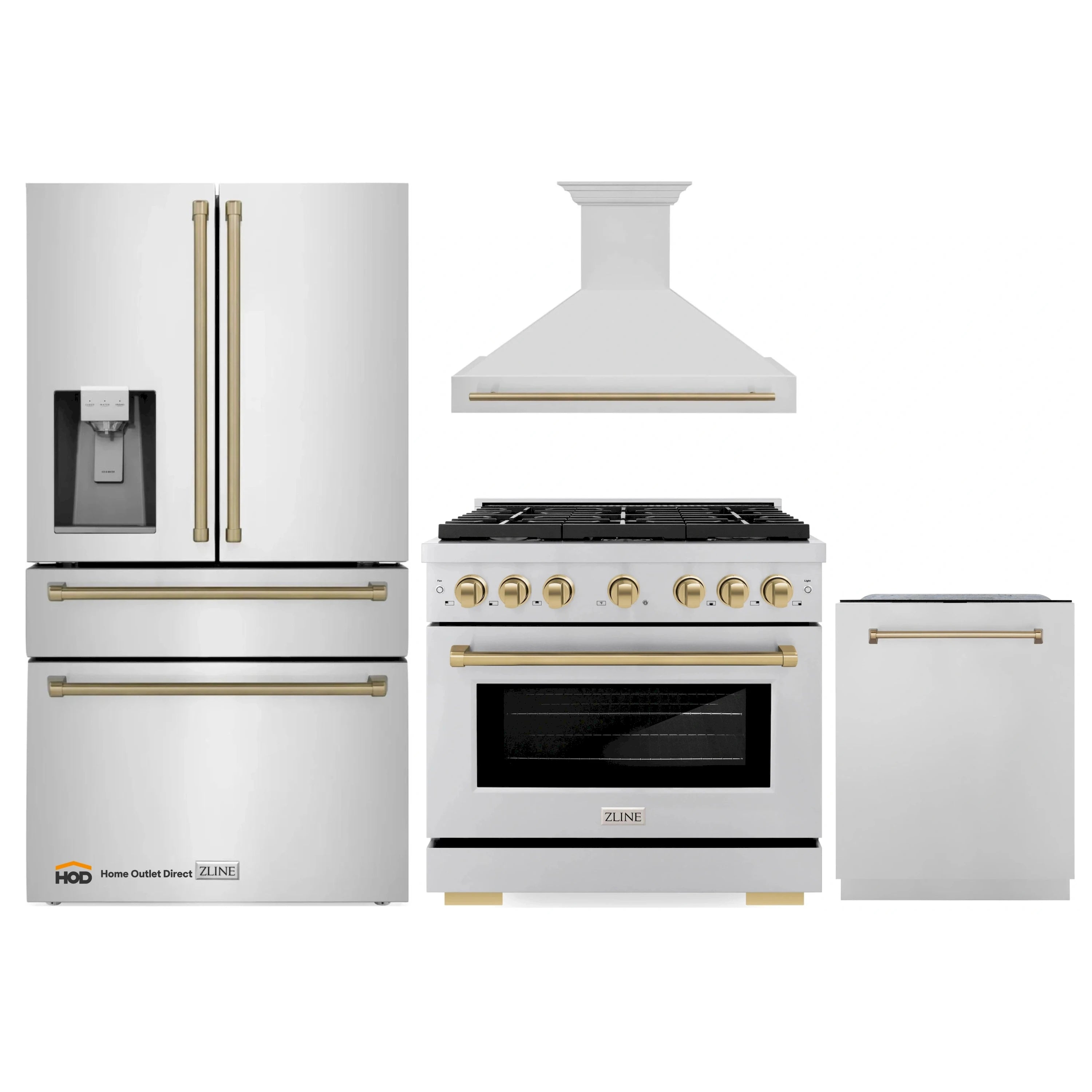 4-piece kitchen appliance package: stainless gas range, fridge, range hood, and dishwasher