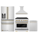 ZLINE Autograph Edition 4-Piece Appliance Package - 36-Inch Gas Range, Refrigerator with Water Dispenser, Wall Mounted Range Hood, and 24-Inch Tall Tub Dishwasher in Stainless Steel with Champagne Bronze Trim (4AKPR-SGRRHDWM36-CB)