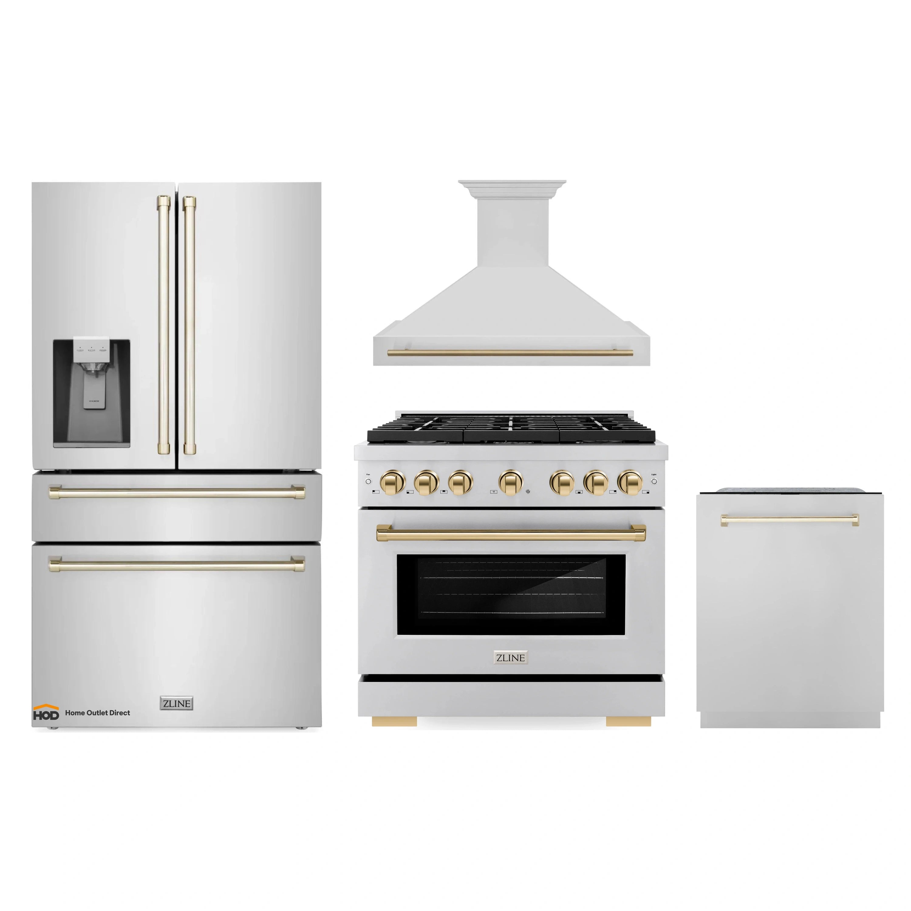 Stainless appliance package with gas range, wall hood, refrigerator, and tall tub dishwasher