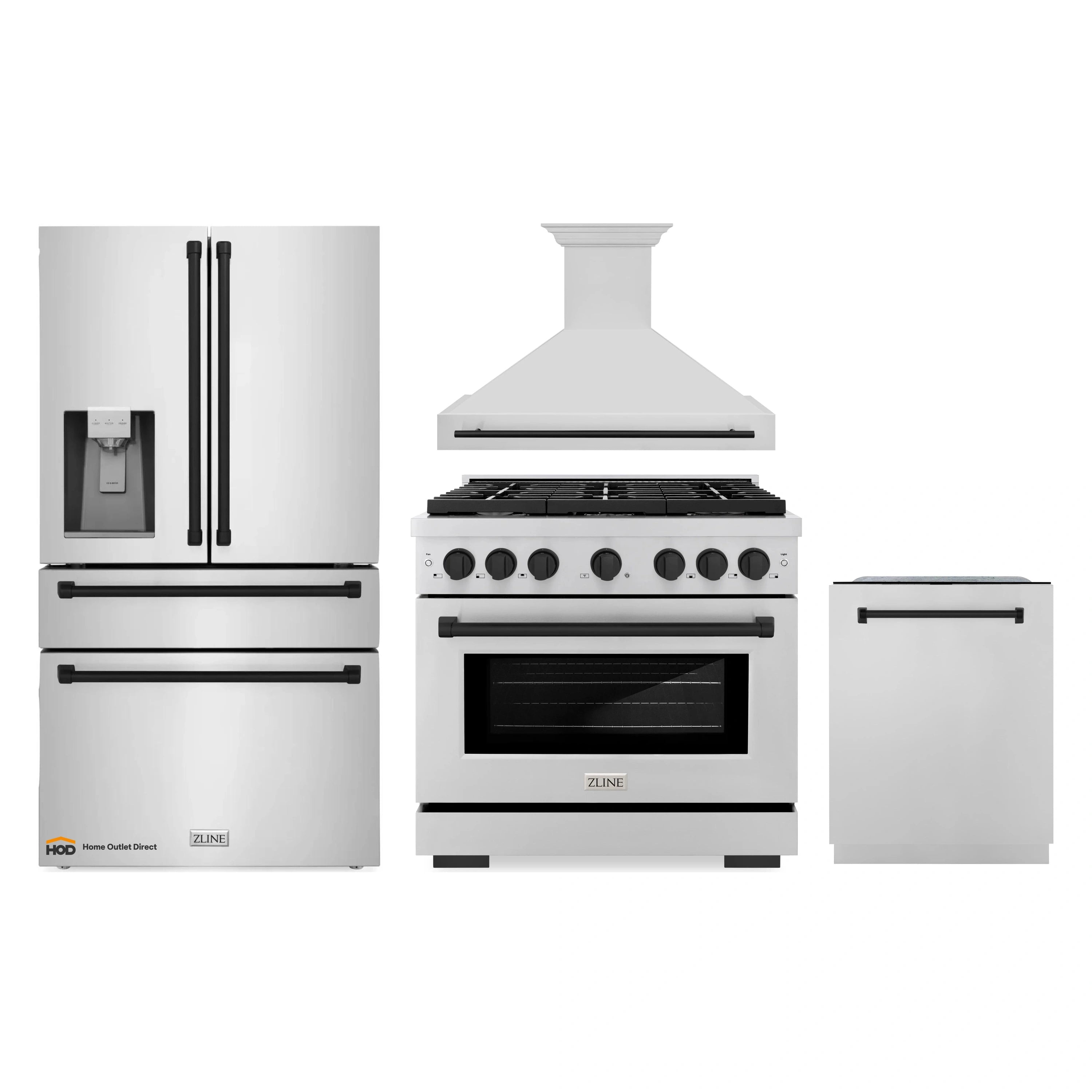 ZLINE Autograph Edition 4-Piece Appliance Package - 36-Inch Gas Range, Refrigerator with Water Dispenser, Wall Mounted Range Hood, & 24-Inch Tall Tub Dishwasher in Stainless Steel with Matte Black Trim (4AKPR-RGRHDWM36-MB)