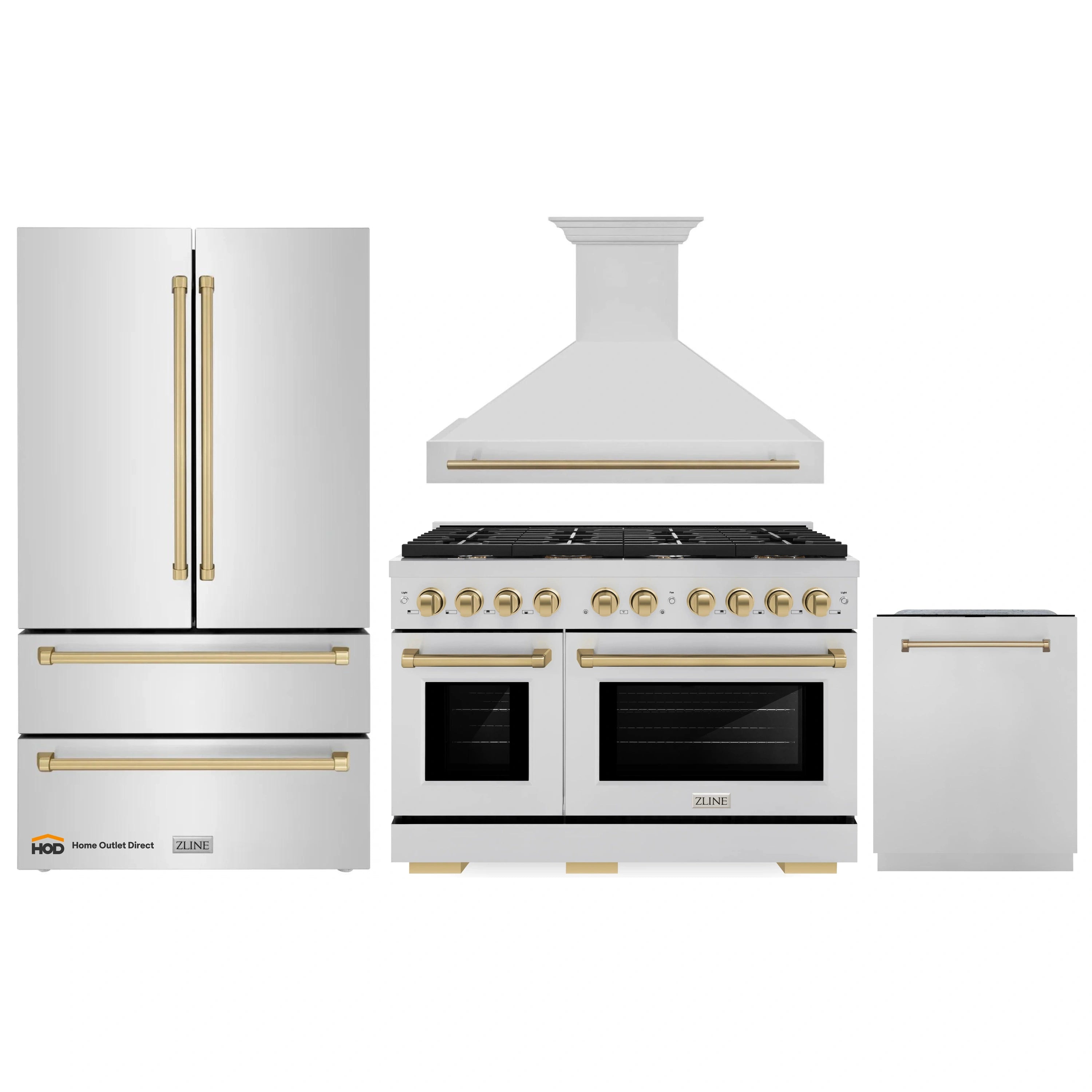 Stainless steel kitchen appliance set with gas range, refrigerator, and wall hood