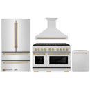 ZLINE Autograph Edition 4-Piece Appliance Package - 48-Inch Gas Range, Refrigerator, Wall Mounted Range Hood, & 24-Inch Tall Tub Dishwasher in Stainless Steel with Champagne Bronze Trim (4AKPR-SGRRHDWM48-CB)