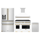 ZLINE Autograph Edition 4-Piece Appliance Package - 48-Inch Stainless Steel Gas Range, Refrigerator with Water Dispenser, Wall Mounted Range Hood, & 24-Inch Tall Tub Dishwasher in White Matte and Champagne Bronze Accents (4AKPR-SGRWMRHDWM48-CB)