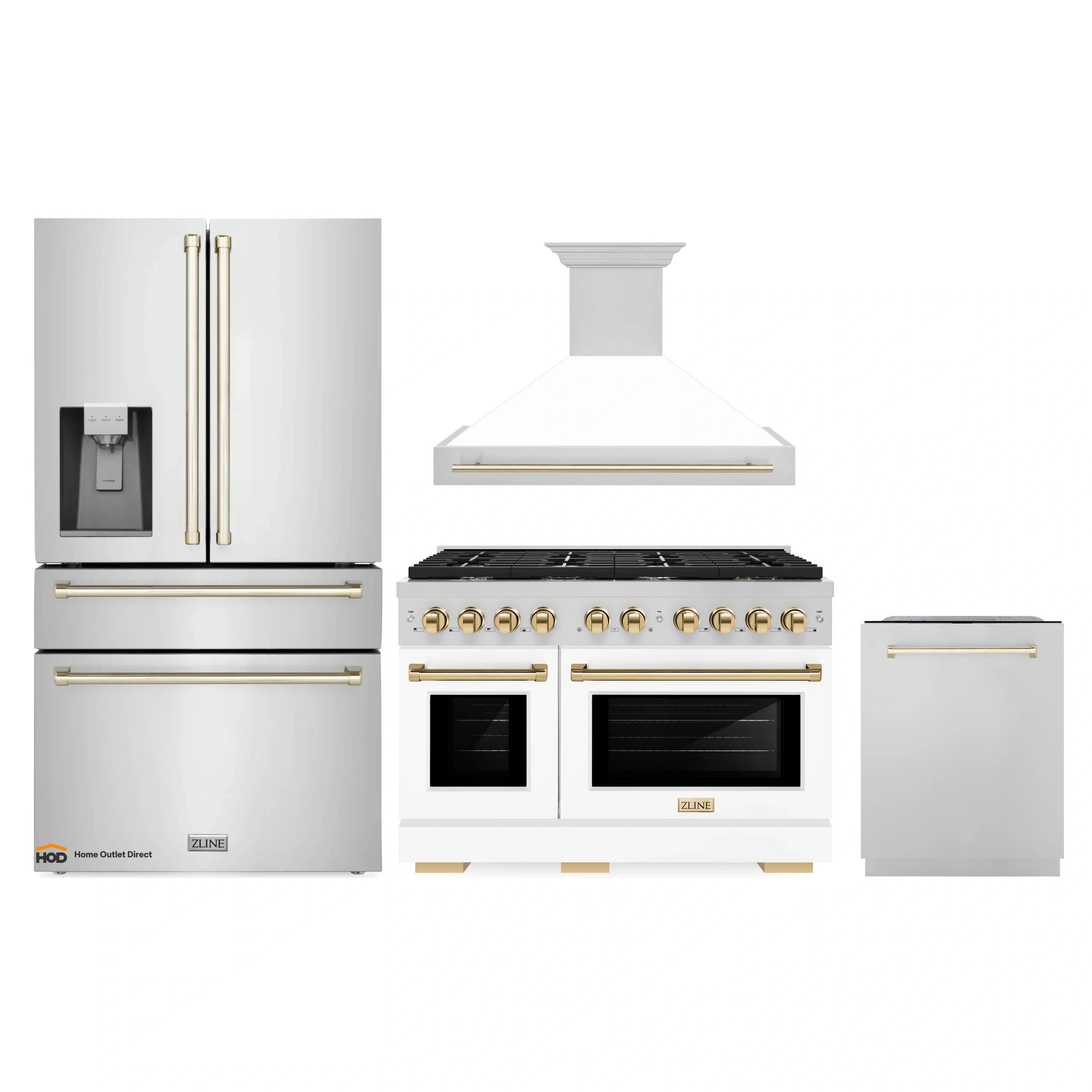 4-piece kitchen appliance set with white refrigerator, gas range, hood, and dishwasher