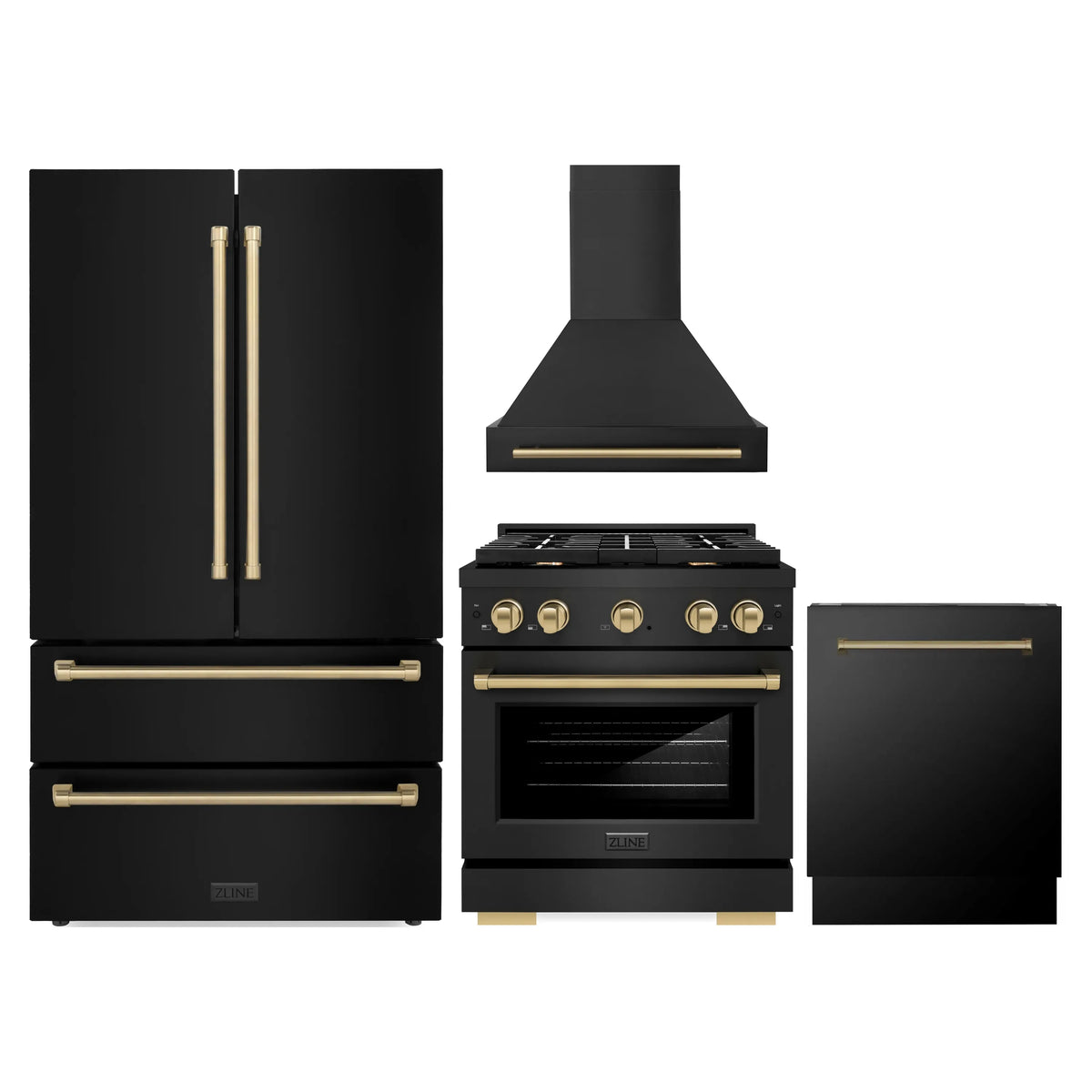 ZLINE Autograph Edition 4-Piece Appliance Package - 30-Inch Gas Range, Refrigerator, Wall Mounted Range Hood, & 24-Inch Tall Tub Dishwasher in Black Stainless Steel with Champagne Bronze Trim (4AKPR-SGRBRHDWV30-CB)