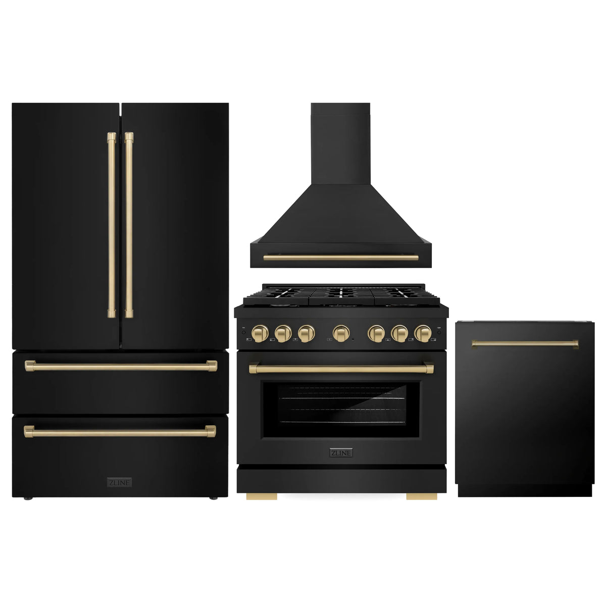 ZLINE Autograph Edition 4-Piece Appliance Package - 36-Inch Gas Range, Refrigerator, Wall Mounted Range Hood, & 24-Inch Tall Tub Dishwasher in Black Stainless Steel with Champagne Bronze Trim (4AKPR-SGRBRHDWV36-CB)