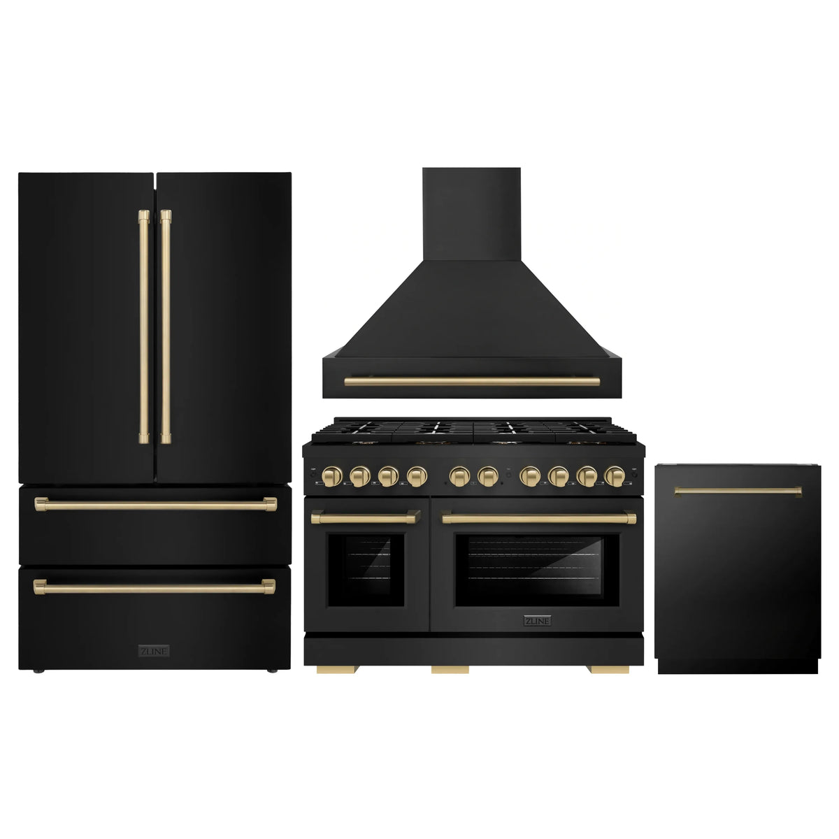 ZLINE Autograph Edition 4-Piece Appliance Package - 48-Inch Gas Range, Refrigerator, Wall Mounted Range Hood, & 24-Inch Tall Tub Dishwasher in Black Stainless Steel with Champagne Bronze Trim (4AKPR-SGRBRHDWV48-CB)