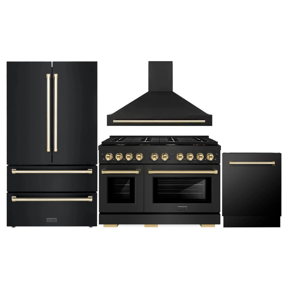 ZLINE Autograph Edition 4-Piece Appliance Package - 48-Inch Gas Range, Refrigerator, Wall Mounted Range Hood, & 24-Inch Tall Tub Dishwasher in Black Stainless Steel with Gold Trim (4AKPR-SGRBRHDWV48-G)