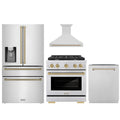 ZLINE Autograph Edition 4-Piece Appliance Package - 30-Inch Gas Range, Refrigerator with Water Dispenser, Wall Mounted Range Hood, & 24-Inch Tall Tub Dishwasher in Stainless Steel with Champagne Bronze Trim (4AKPR-SGRRHDWM30-CB)