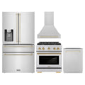 ZLINE Autograph Edition 4-Piece Appliance Package - 30-Inch Gas Range, Refrigerator with Water Dispenser, Wall Mounted Range Hood, & 24-Inch Tall Tub Dishwasher in Stainless Steel with Gold Trim (4AKPR-SGRRHDWM30-G)